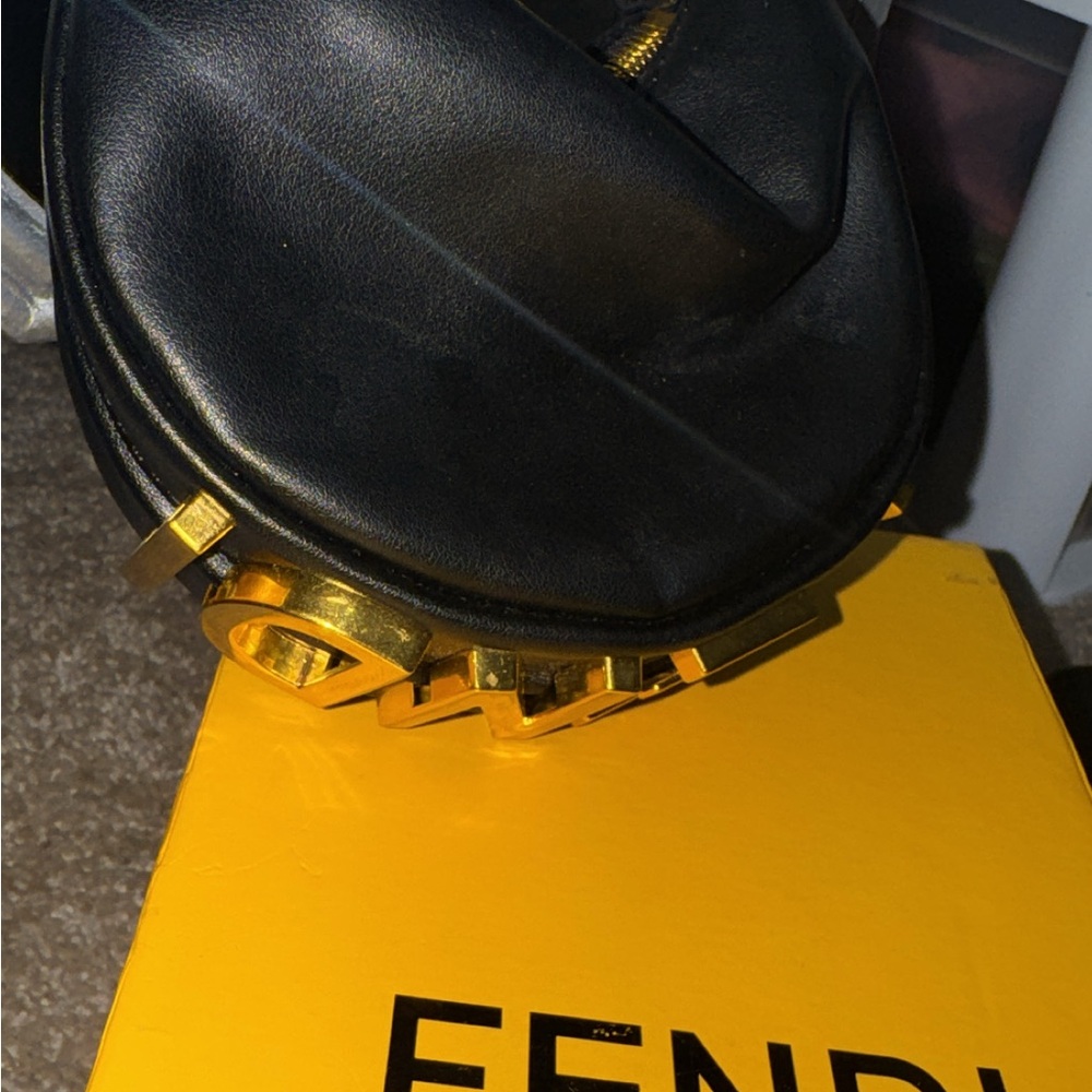 Fendi Black Leather Round Coin Pouch with Gold Logo Trim